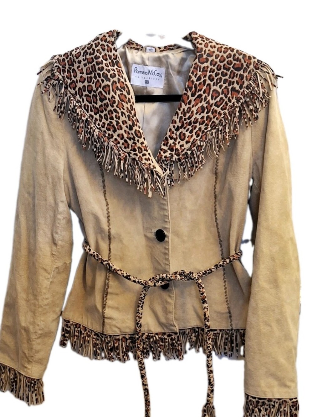 Vintage Pamela McCoy Collection Suede Leather Jacket Jaguar Fringe Belted Medium